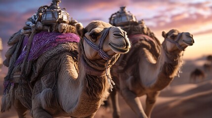 Camels desert trek sunset cargo