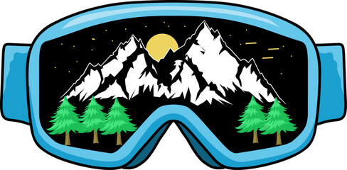 illustration of blue winter glasses with a view of icebergs and trees inside