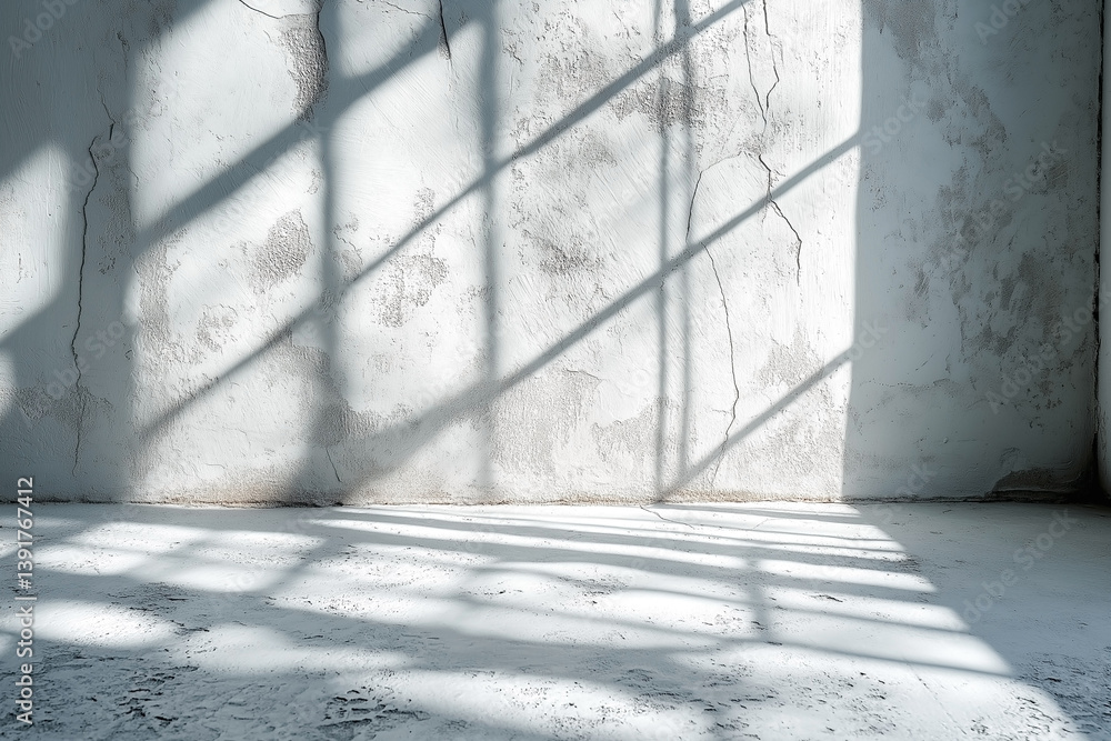 Poster artistic shadows cast on a cracked white wall in an empty room, creating a serene and minimalist atm