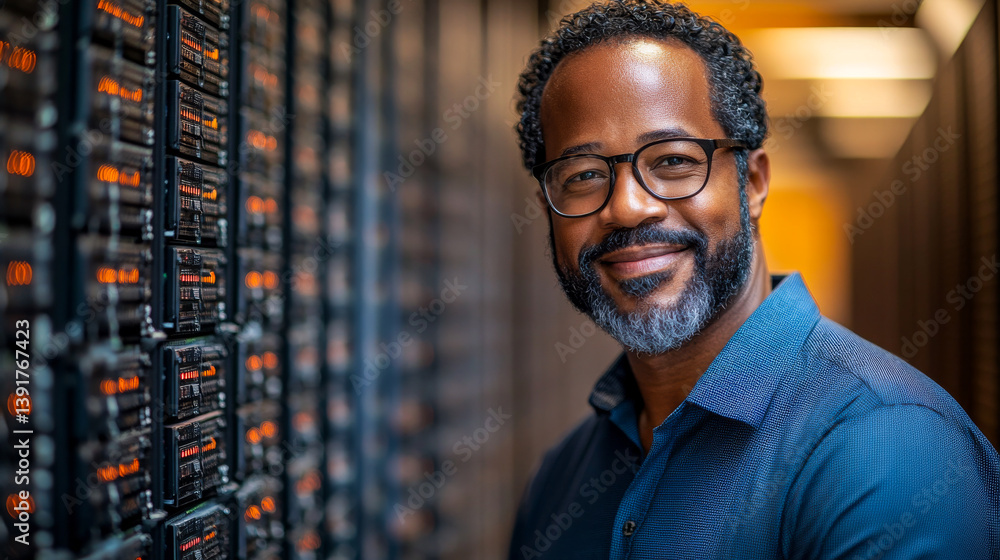 Poster engineer working in a data center. a professional man smiles while standing near server racks in a b
