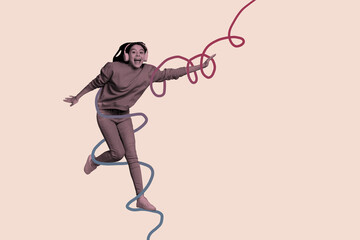 Trend artwork collage template composite sketch of young lady amazed smile stand doodle line rope headphones listen playlist music gadget