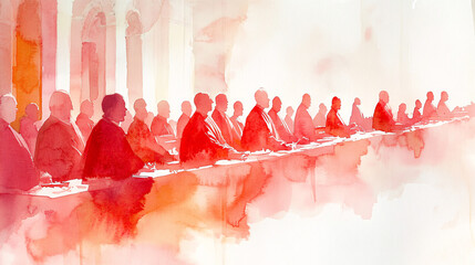 catholic conclave with red robed clergy in ceremonial hall, cardinals in formal religious assembly, abstract painting of papal election in grand cathedral architecture