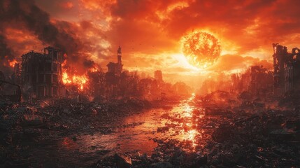 Apocalyptic landscape, fiery sun