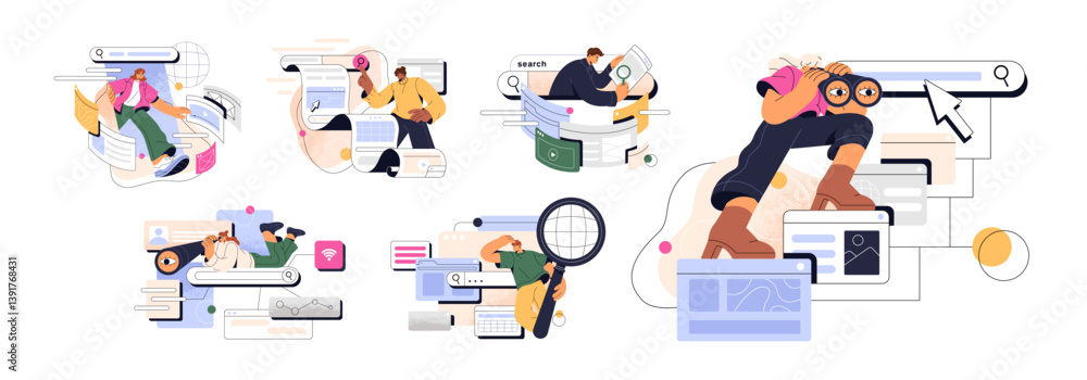Poster people are looking for data in web concept set. characters do requests in search engine, surfing the