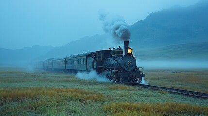 Fototapeta premium Misty train journey through mountain valley