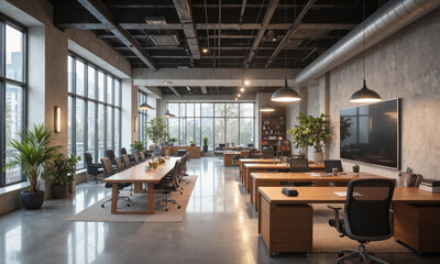 Urban office with polished concrete floors, modern wooden desks, and metal accents. The space features ambient lighting from sleek overhead fixtures and task