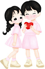 Cute Watercolor Couple in Matching Outfits – Cartoon Style Illustration