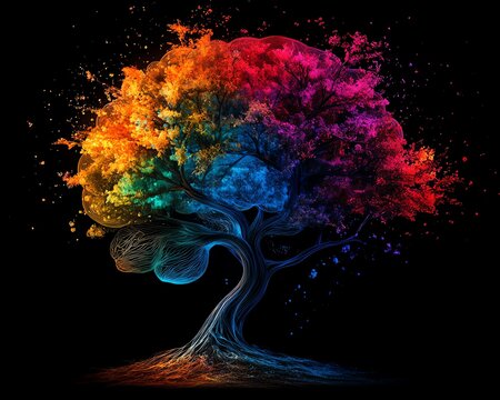 Exploding human brain transforming into a tree, with colorful branches representing creativity and innovative ideas, enhanced by generative AI