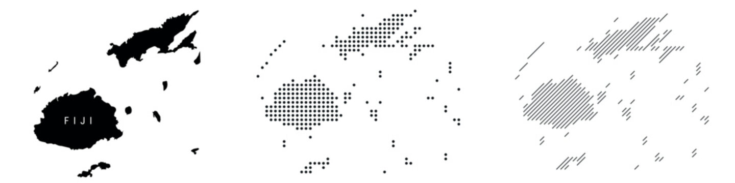 Fiji silhouette map and two patterns of dots and slanted lines. Flat vector illustration isolated on white