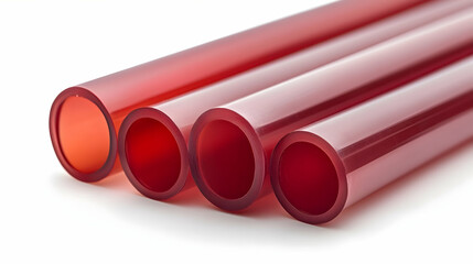 Red translucent tubes on white background. Industrial material
