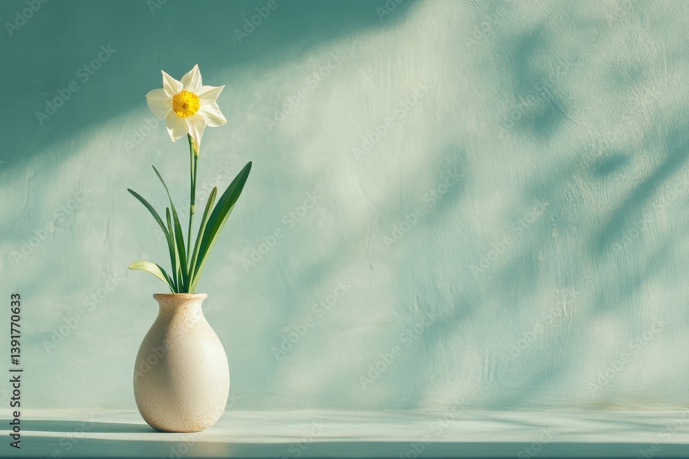Poster delicate daffodil in a minimalist vase against a soft blue background with playful shadows during af