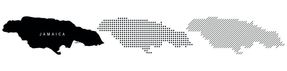 Obraz premium Jamaica detailed silhouette map, dotted pattern and slanted parallel lines pattern. Jamaican textured stylized map. Vector illustration isolated on white.