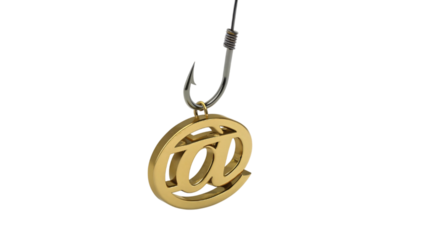 Gold "@" Symbol Hooked on Fishing Hook – Concept of Email Phishing and Cybersecurity Threat