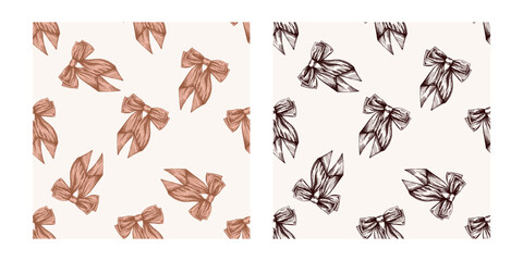 Fototapeta premium Hand drawn vintage colored and black seamless patterns of decorative bows