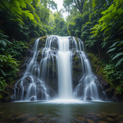 Obraz premium Waterfall Cascading Down Rocks in Lush Green Forest Setting