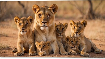 A lioness stands protectively beside her cub in tall