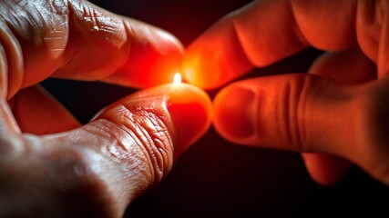 Two hands approach each other creating a brilliant red light, emphasizing intricate details of the skin as they connect