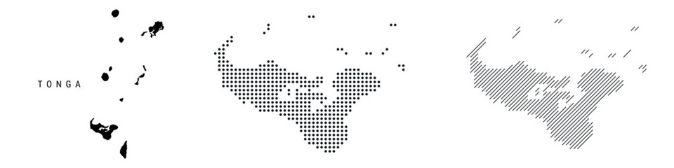 Tonga silhouette map and two patterns of dots and slanted lines. Flat vector illustration isolated on white