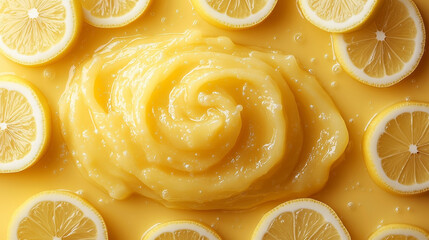 A vibrant spread of lemon curd surrounded by fresh lemon slices, showcasing a sunny yellow palette.