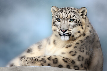 Obraz premium Snow Leopard Lying on Rocks – Calm and Majestic Wild Cat with Spotted Coat in Cold High Altitudes