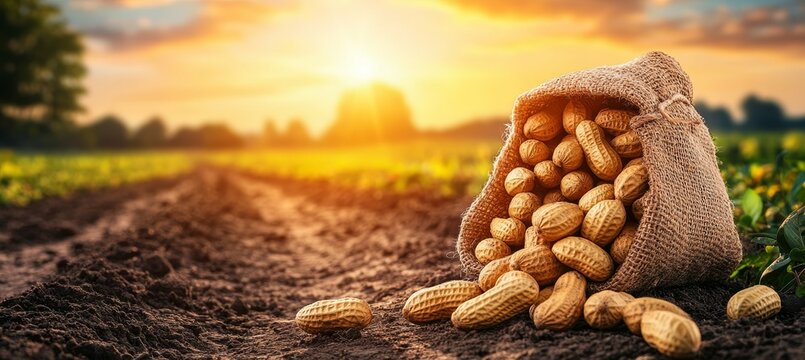 Burlap Sack Overflowing With Peanuts In Field At Sunset, Agriculture And Farming Concept