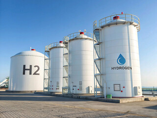 Fototapeta premium Large white cylindrical tanks labeled for hydrogen (H, H2) in a clean outdoor industrial facility, emphasizing hydrogen storage for energy