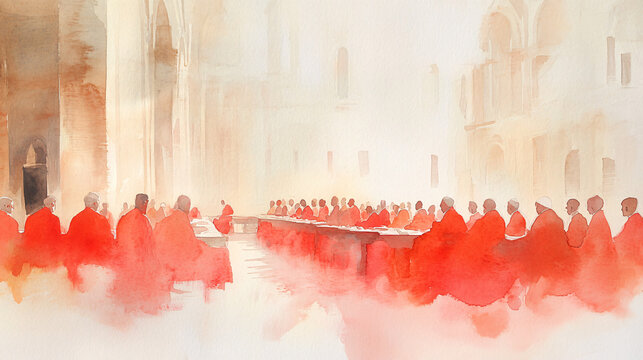 catholic conclave with red robed clergy in ceremonial hall, cardinals in formal religious assembly, abstract painting of papal election in grand cathedral architecture