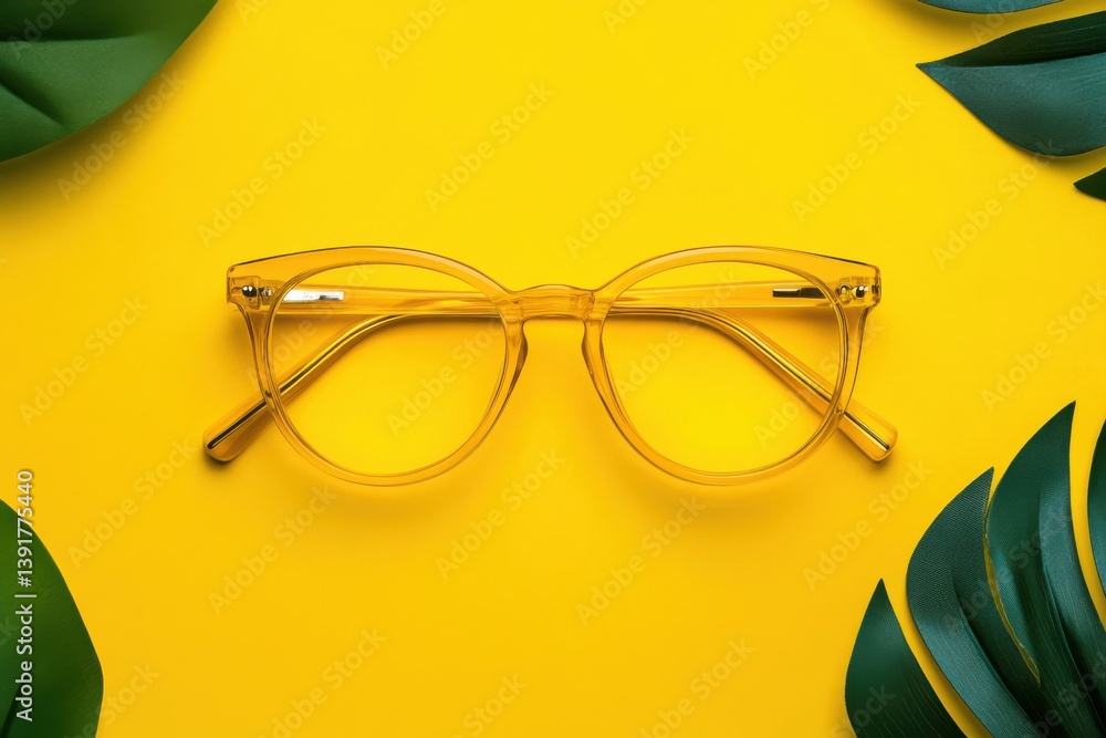 Poster bright yellow glasses displayed on a vibrant yellow background surrounded by green leaves in a minim