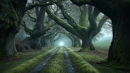 Enchanted pathway lined with moss-covered trees leading to a mysterious light in the distance