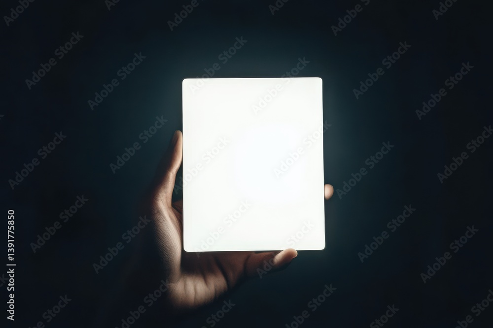 Aufkleber illuminated square held in hand against a dark background showcasing minimalist design and modern ae