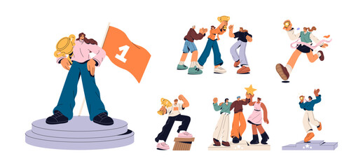 Set of happy winners. People celebrate victory, rejoice at achievements, success. Teams win, hold medals, golden cup, prizes, trophies at award. Flat isolated vector illustrations on white background