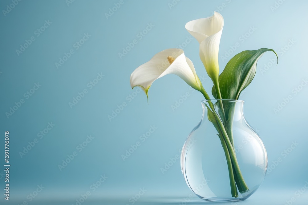 Poster Elegant calla lilies arranged in a clear vase against a soft blue background creating a serene atmosphere