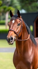 Obraz premium Chestnut horse portrait, paddock, sunny day, equestrian