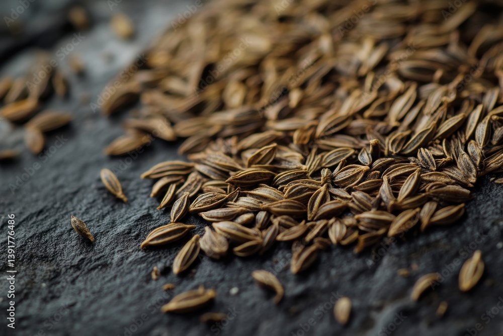 Poster ground caraway seeds scattered on a textured surface, showcasing their rich color and unique shape