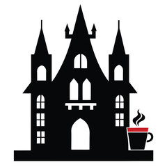 Fototapeta premium Spooky Castle Silhouette with a Warm Cup of Coffee A Hauntingly Cozy Illustration