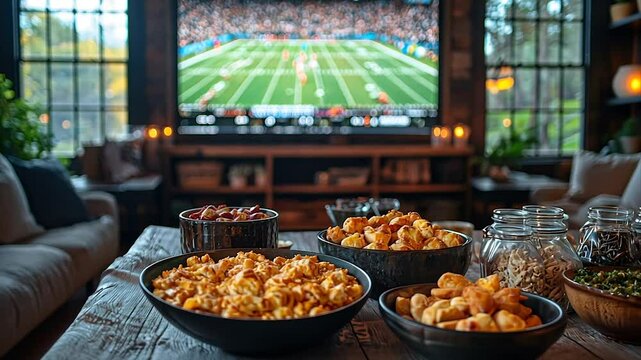 Game day snacks on rustic coffee table before large TV showing football game
