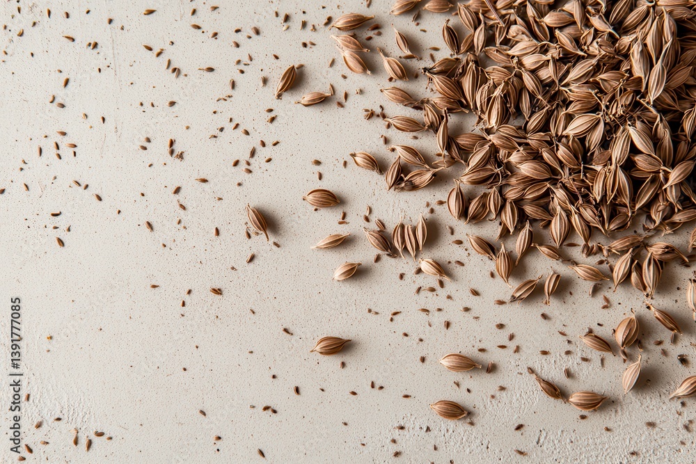 Poster cumin seeds scattered on a light surface highlighting their natural color and texture during a cooki