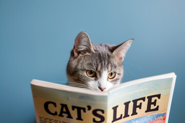 A focused cat reading a magazine titled "Cat's Life," lying comfortably, appearing thoughtful and engaged.
