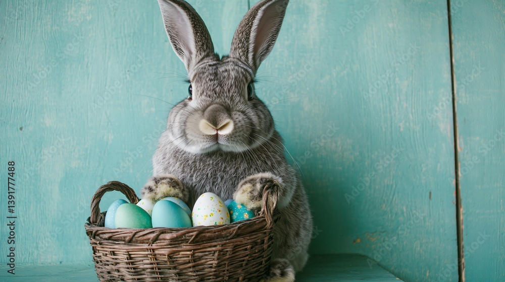 Poster large bunny holding basket of painted easter eggs in realistic shot with soft glowing background mad