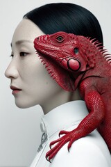 An elegant woman is embraced by a striking red reptile friend