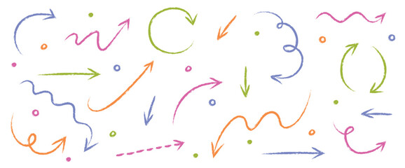 Set of hand drawn arrows in pencil, crayon and chalk style. Cartoon elements. Vector illustration