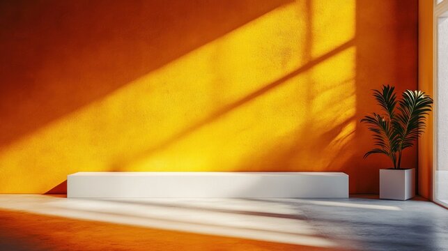 Orange wall, white podium, plant