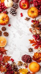 Autumn harvest border of fresh produce and fall decorations on a marble surface