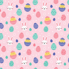 Easter seamless pattern with cute bunny, egg and chick. Collection. Colourful background in cartoon style. Vector illustration