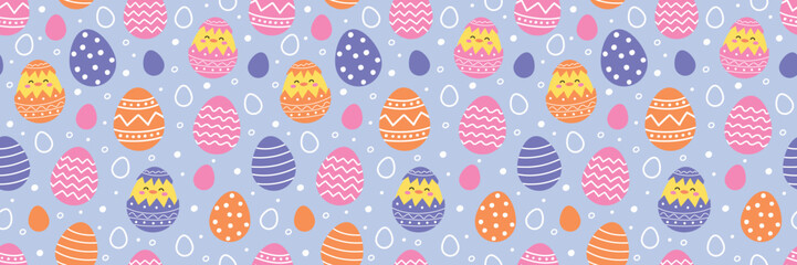 Easter seamless pattern with cute chicks and eggs. Colourful background in cartoon style. Vector illustration.