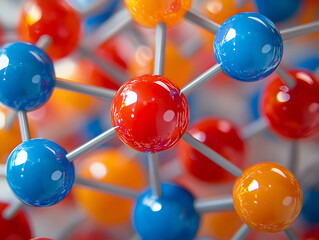 Colorful molecular model, science lab, research, background blur
