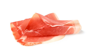 Slice of tasty prosciutto on white background