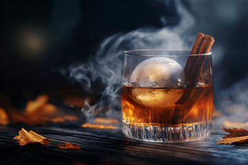Old Fashioned with smoked cinnamon stick garnish on dark wood