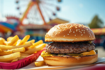 Fast Food - Pommes und Hamburger mit Volksfest in Deutschland im Hintergrund