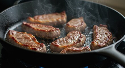 Meat is currently being cooked in a frying pan placed on a stove